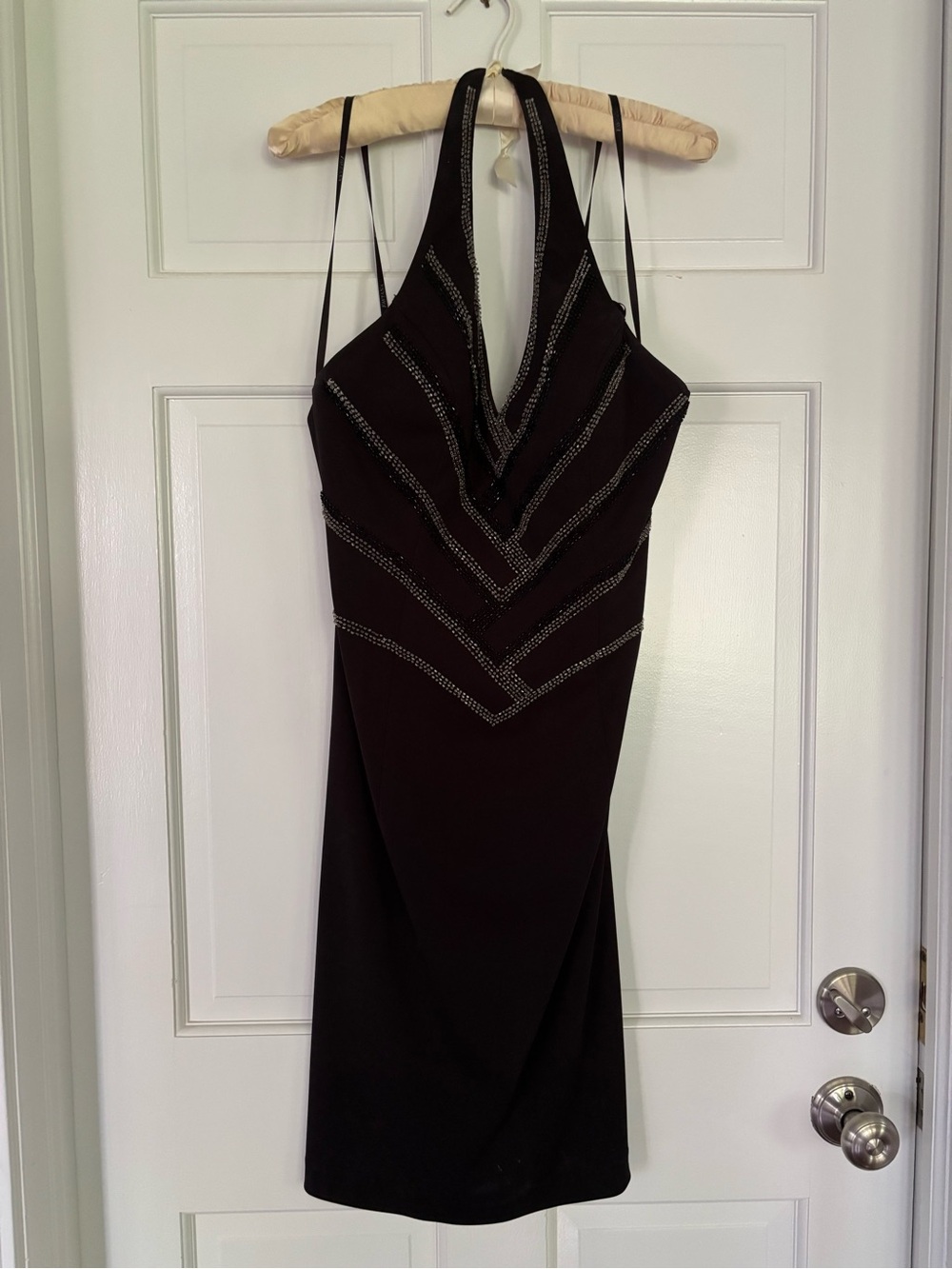 Faviana size 7/8 Black Halter V-Neck Beaded Cocktail Dress